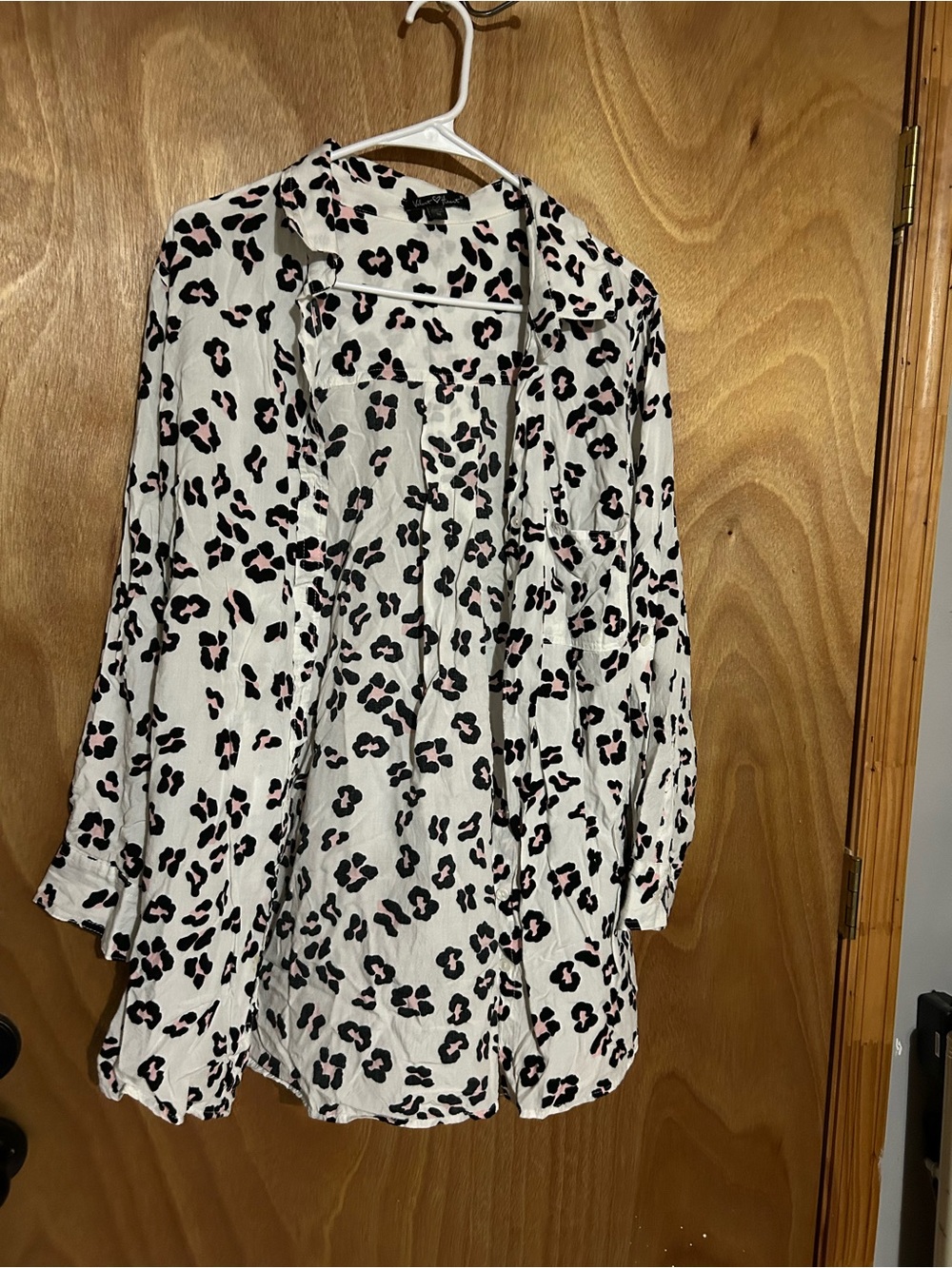 Velvet Heart White Button-Down Shirt with Black and Pink Leopard Print